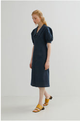 Tailored Linen Midi Dress with Puff Sleeves and Wide Collar